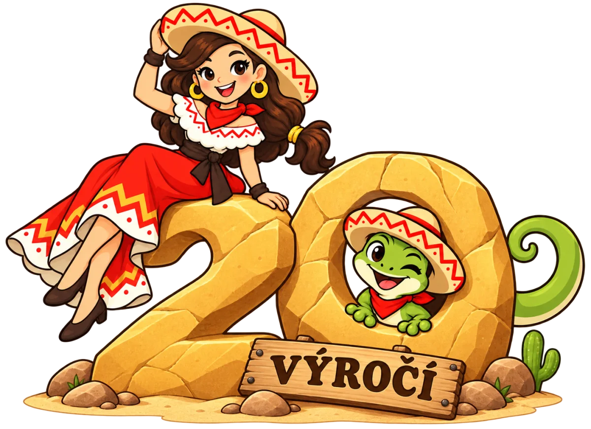 Banda sedí na kamenné dvojce, gekon vykukuje z nuly, cedule Výročí